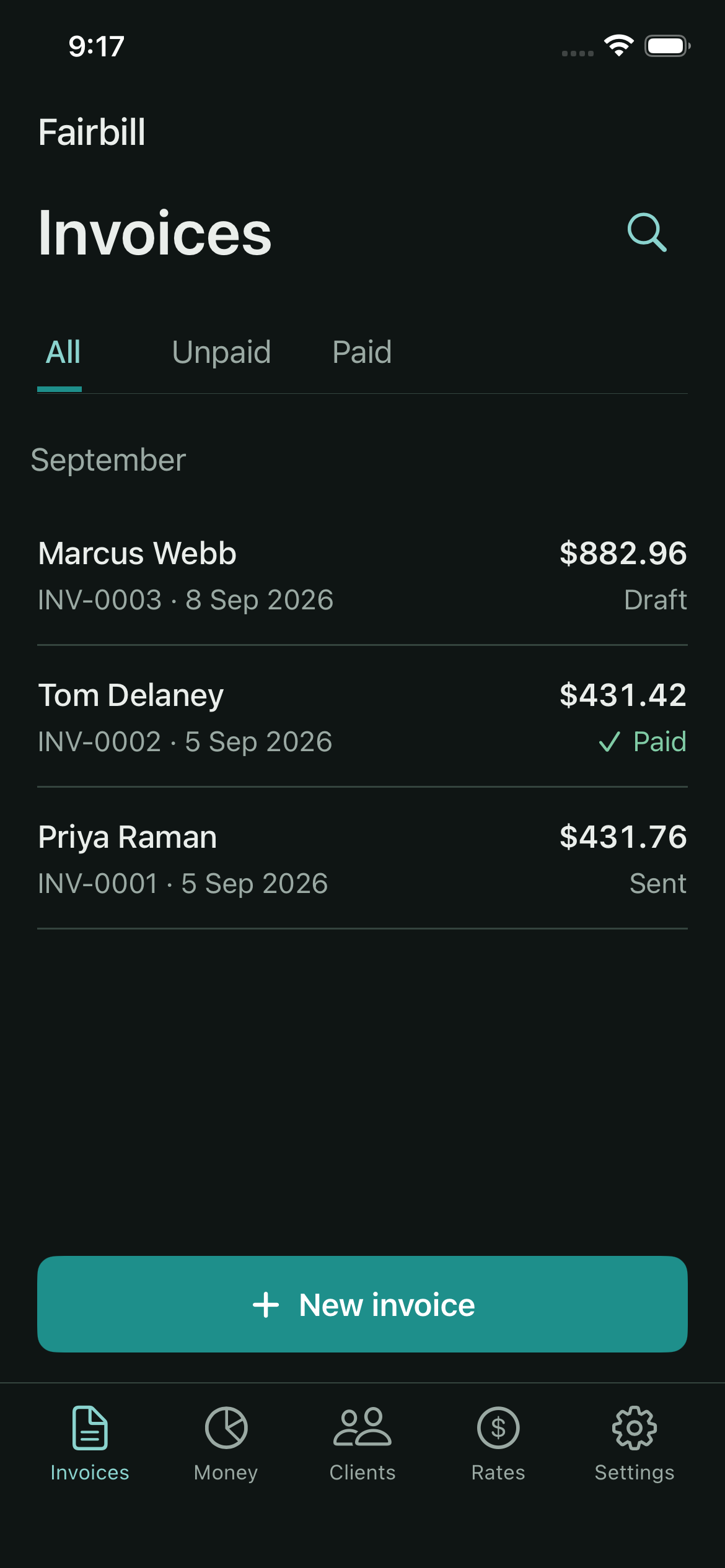 Fairbill invoice list with sample client details